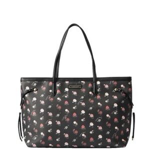 Victorias Secret Black Floral Print Faux Leather Tote Bag